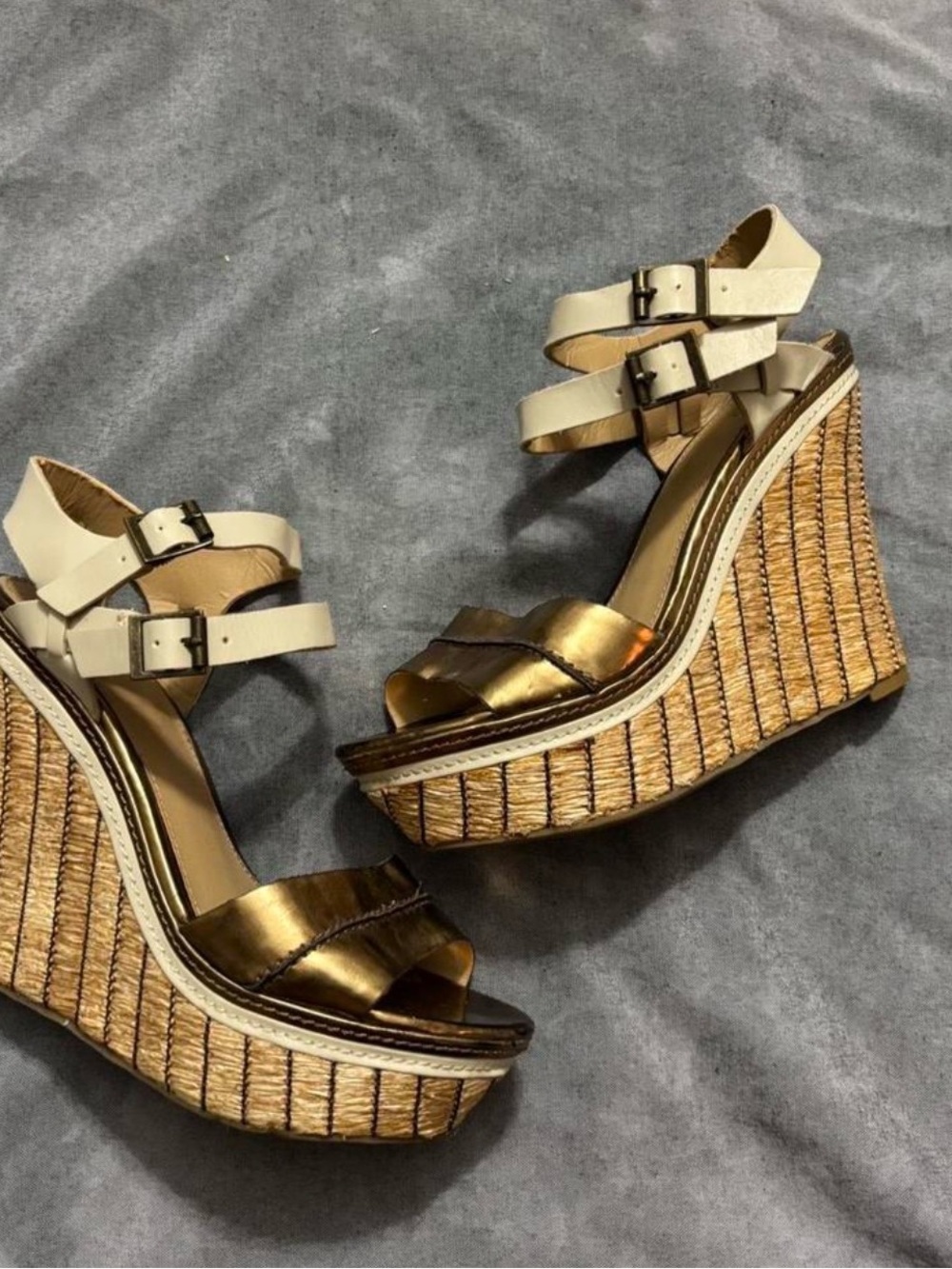 Wedge Platform Sandals in Metallic Gold and Cream 2000s